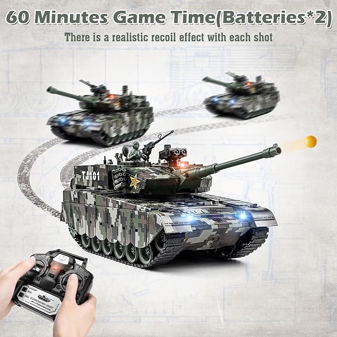 1:18 RC Tank, 2.4Ghz Chinese 99 Main Remote Control Battle Tank, 15 Channel RC Vehicle Army Toy with Smoke, Light and Sound, Military Truck for Adults and Kids