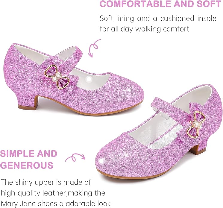 Dufannie Girls Dress Shoes Low Heel Princess Flats Mary Jane Flower Wedding Party Glitter Shoes for Kids Toddler