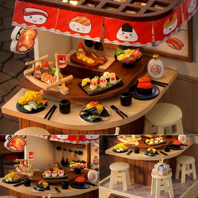TuKIIE DIY Miniature Dollhouse Kit with Furniture, 1:24 Scale Creative Room Mini Wooden Christmas Doll House Plus Dust Proof for Kids Teens Adults(Revolving Food House)