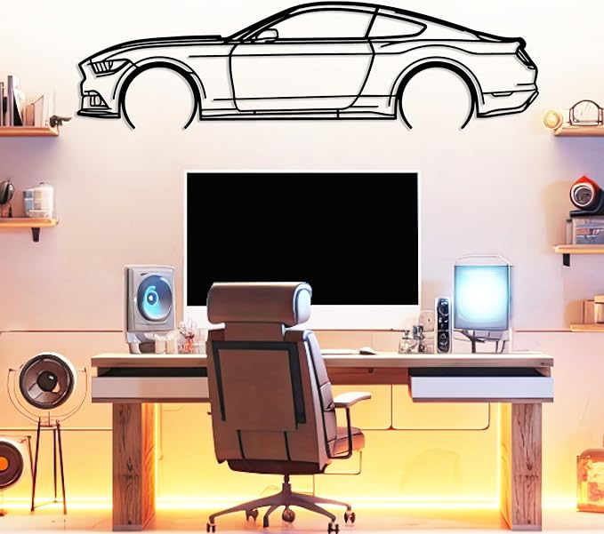 DecoSoul Mustang Metal Car Wall Art, Sports Car, Automotive Silhouette Line Decoration, Minimalist Sculpture for Garage, Indoor Outdoor Wall Hanging, Gift for Boyfriend (Black - 35 x 9.6” inch)