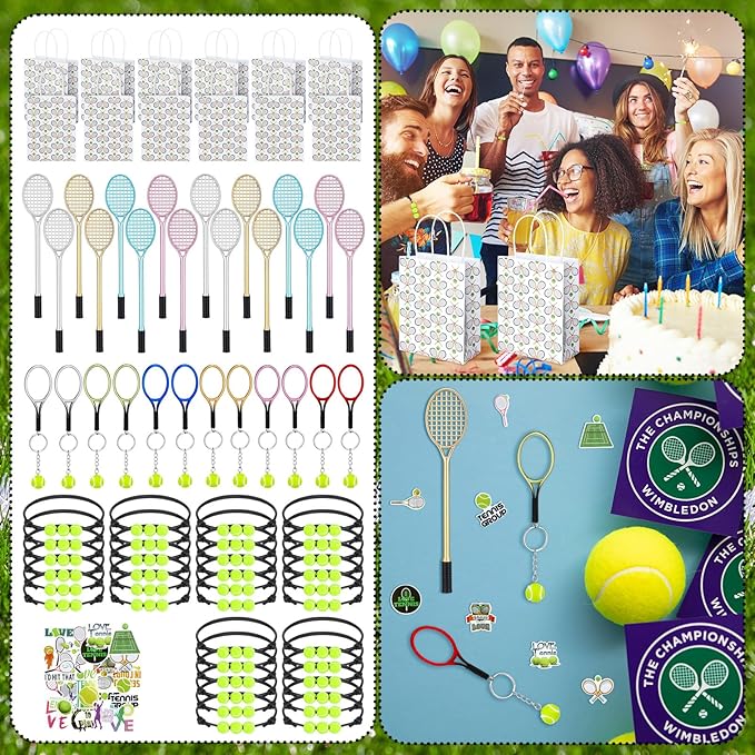 Huquary 98 Pcs Tennis Party Favors, Tennis Party Decorations Includes 50 Stickers 12 Mini Racket Keychain 12 Charm Bracelets Racket Shape Pens Paper Bags