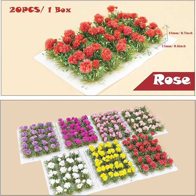 Woohome Flower Cluster Flower Vegetation Groups Grass Tufts Miniature Static Scenery for DIY Architecture Building Model Railway Train Diorama Garden Scenery Landscape Layout (Rose, Red)