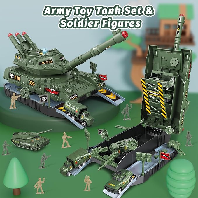 6-Piece Die-Cast Army Tank Set for Boys 3-6, with 8 Soldier Figures, Military Toys with Light & Sound, Launchable Missile Tanks
