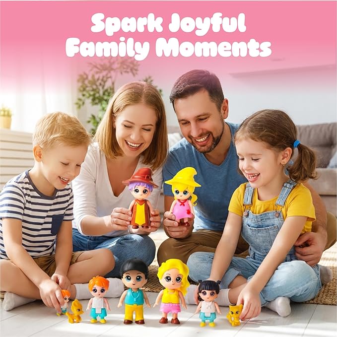 Toy Family People Figures Playset – Dollhouse Figurine Set with Wizard Guests for Imaginative Doll House Play - Features Parents, Kids, Pets & Two Wizards | Pretend Play Storytelling Toy for Kids