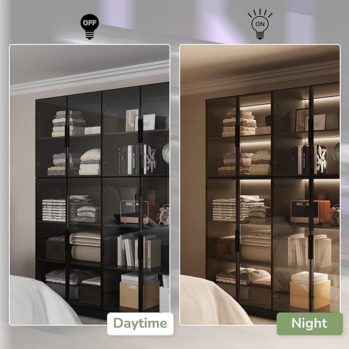 3 Piece Display Cabinet with Glass Doors & Adjustable Lights, 78.7” Tall Display Case with 5 Tier Storage Shelves, Modern Collectibles Cabinet for Living Room, Office, Black