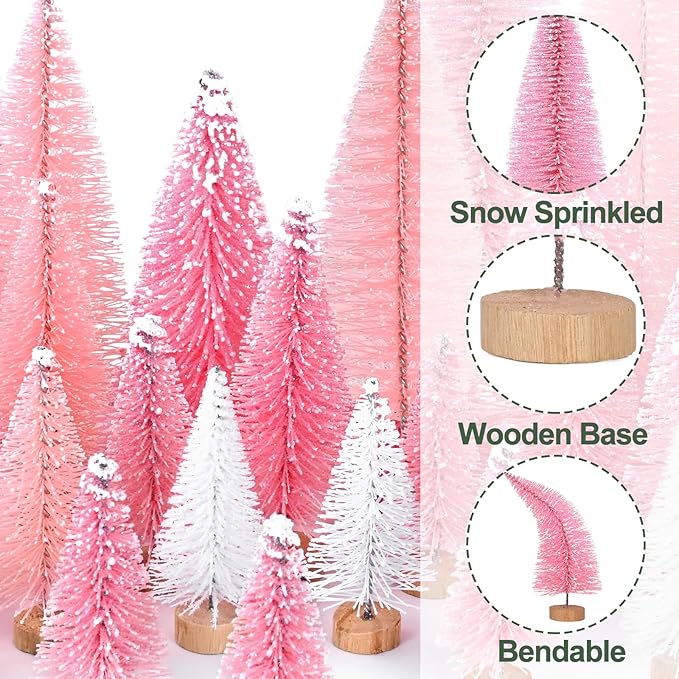 Waipfaru 21 Pcs Bottle Brush Christmas Trees, Mini Christmas Table Decor, Miniature Pine Trees for Xmas Tabletop Crafts Indoor Decor (Pink & White)