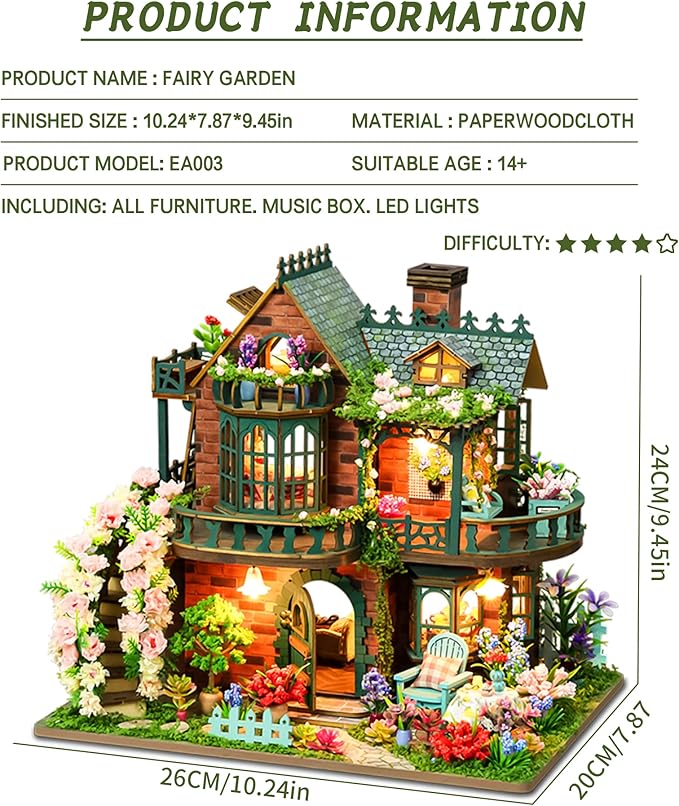 Spilay DIY Dollhouse Miniature House Kit,DIY Kit Mini House Model,1:24 Scale Creative Dollhouse kit with Music Box and LED Lights,Best Christmas Birthday Gift(Fairy Garden)