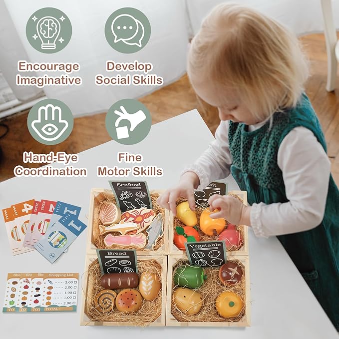 Food Groups, 36PCS Wooden Play Food Sets Play Kitchen Accessories, Grocery Store Pretend Play Realistic Toy Foods & 4 Crates & 6 Play Money & 9 Shopping Lists Pretend Food for Toddlers 1-3