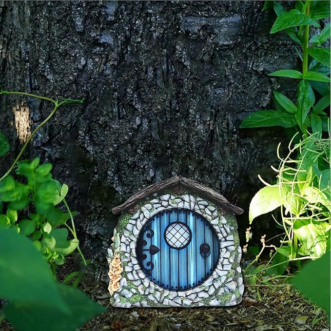 Wooden Fairy Garden Door – Miniature Tree & Yard Decoration, Outdoor Enchanted Gnome Door Ornament, Dollhouse Accessories & Whimsical Gift for Garden & Home Decor.（Blue）