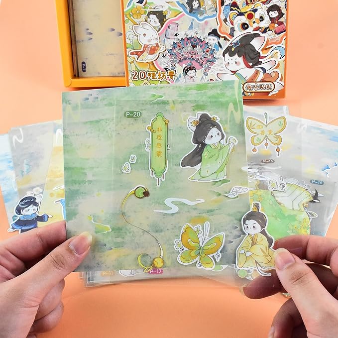 DIY 3D Fun Mini Chinese Intangible Cultural Scene Stickers Book with Tweezers Make Your Own Tie-Dye Velvet Flower Shadow Play Sticker Scenes Micro Stickers for Relief Stress Pass The Time(20 Designs)