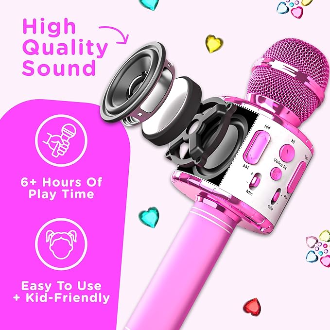 Move2Play, Kids Karaoke Microphone | Includes Stickers & Bluetooth | Kids Birthday Gift | Toy for All Ages 2, 3, 4, 5, 6+ Year Old Girls, Boys & Toddlers (White/Pink)