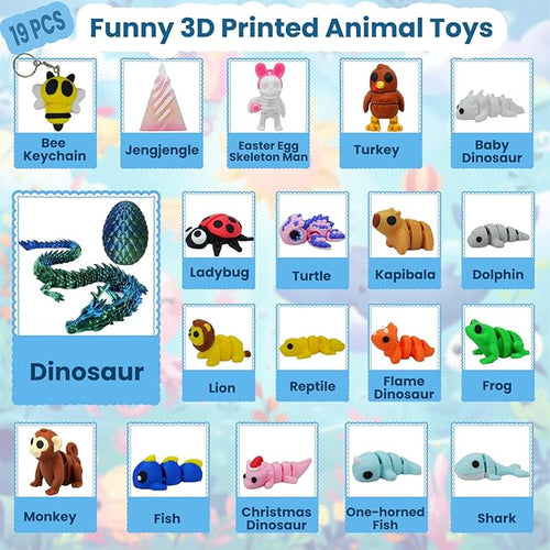 19 Pack 3D Fidget Toys for Kids, 11.8 Inch 3D Printed Dragon Inside Egg, 3D Printed Animals Set for Desk Pets, 3D Printed Toys with Movable Joints, Gift Halloween Toys Decor Desks & Keychain