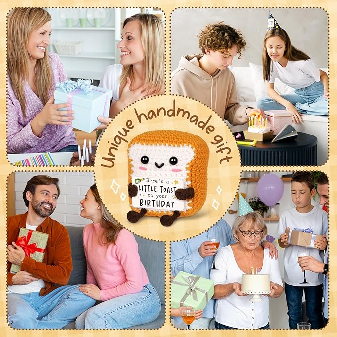 Glydein Positive Birthday Gifts for Women Men—A Little Toast to You, Cute Handmade Crochet Toast Decor with Bday Card, Birthday Gifts for Her Him Best Friend Mom Dad Sister—2.76x2.17x3.35 in