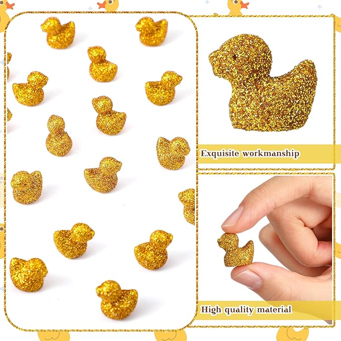 Yaocom 100 Pcs Mini Glitter Golden Duck Statue Bulk Golden Duck Figurines Micro Garden Landscape Dollhouse Cake Decoration Potted Plants DIY Craft Charms for Party Christmas Thanksgiving Gift