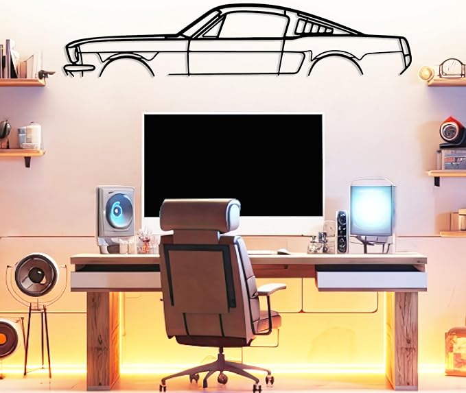 DecoSoul Mustang Metal Car Wall Art, Sports Car, Automotive Silhouette Line Decoration, Minimalist Sculpture for Garage, Indoor Outdoor Wall Hanging, Gift for Boyfriend (Black - 55 x 15.1” inch)