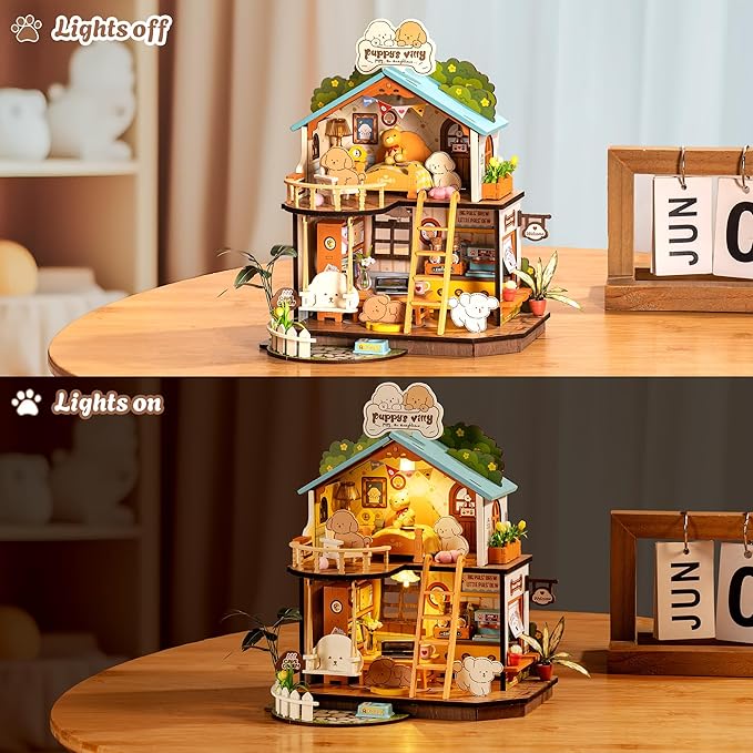 Rolife DIY Miniature House Kits Puppy's Cozy Villa, DIY Crafts for Adults Miniature Model Set, Tiny House Duplex Villa with Puppy, Hobbies & Birthday for Friends (230PCS)