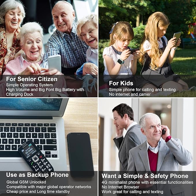 Easyfone A6 4G Unlocked Feature Cell Phone, Easy-to-Use Big Button Clear Sound GSM Basic Mobile Phone with an Easy Charging Dock, No Internet & No Camera (Black)