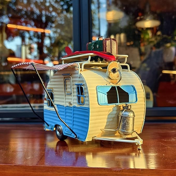 Travel Car Model Camper Van Trailer RV Motorhome Iron Vehicles Campsite Retro Industrial Steampunk Cute Diecast Decor Present Surprise for Boyfriend Caraholic Travelogue Adventurers Man