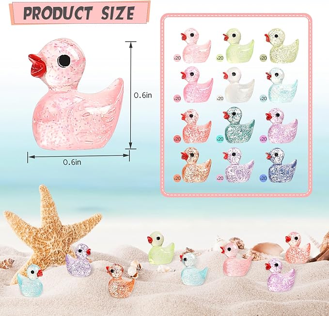 240PCS Mini Glitter Ducks Resin Tiny Ducks for Miniature Landscape Plastic Small Animal Little Figures for Hide Prank Fairy Garden Accessories Dollhouse Aquarium Decor
