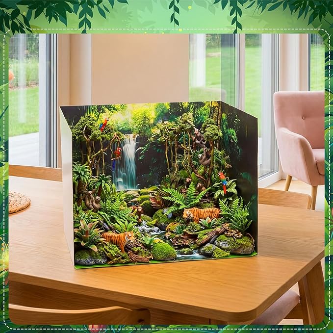 AmazingSpark 2 Set Rainforest Style Diorama Box and Fake Grass Decor, Rainforest Diorama Project Supplies Set, Cardboard Display Case Kit & Artificial Grass with Double Sided Tapes for DIY Crafts
