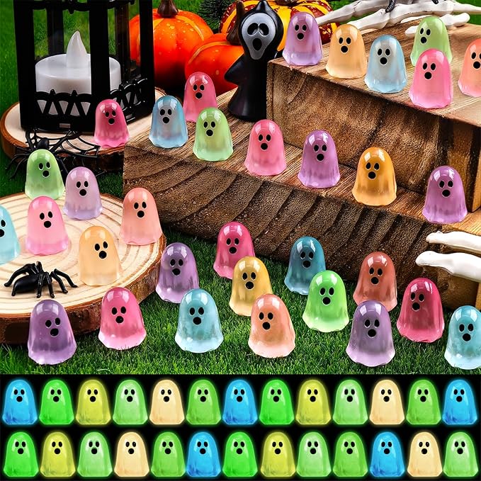 132pcs Halloween Luminous Mini Ghosts Figures 6 Colours Glow in The Dark Miniature Resin Ghost Figurines to Hide Bulk Tiny Small Statue for Halloween Party Favors Micro Garden Dollhouse Decorations