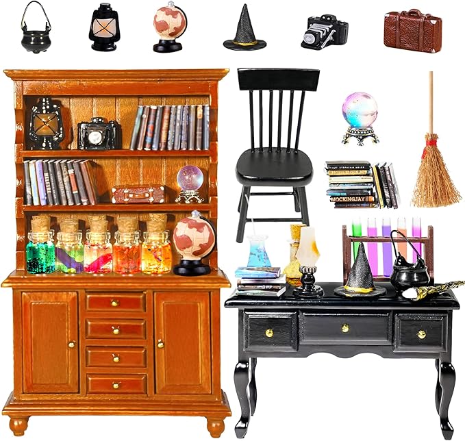 Rileryan 54 Pcs 1:12 Scale Magic Witchy House Kit Halloween Miniatures Furnitures Accessories Mini Wooden Bookshelf Bookcase 30 Mini Books Desk Chair Halloween Decoration Gift