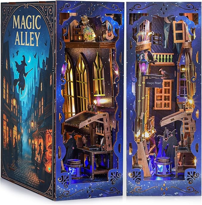 Magic Alley Book Nook Kit - DIY Miniature House Kit for Adults, Teens and Beginners, Magic Miniature Diorama with LED Light, 3D Wooden Puzzle Bookend Bookshelf Insert Decor, Gifts for Fantasy Lovers