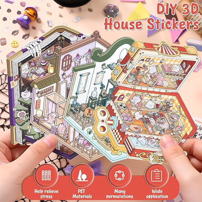 DIY 3D Sticker Scene, 8 Sets Fun DIY 3D House Stickers, Make Your Own Mini Room Scenes, Cute Cartoon 3D Miniature Scene Stickers Book, 3D Sticker Therapy for Adults Kids Relief Stress Pass The Time