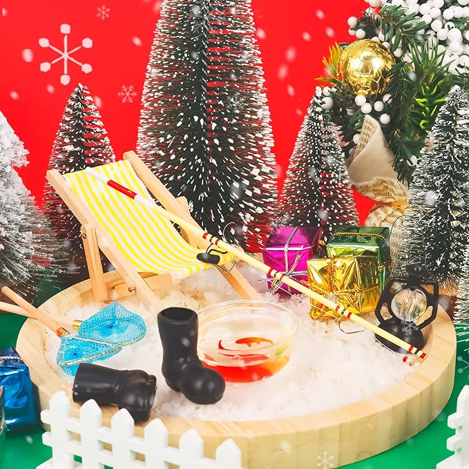 5 Pieces Miniature Fishing Rod Life Scene Christmas Elf Fishing Accessories Fishing Cake Decoration Fish Cake Topper Fish Bowl Gone Fishing Net Miniature Fishing Accessories