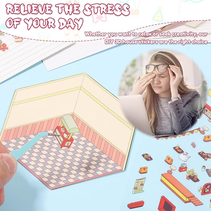 DIY 3D House Sticker Set for Adults & Kids - Creative Miniature Room Scenes with Cartoon Decals, Cute Home Decor Stickers to Build Your Own 3D Model Scenes (Set 5)