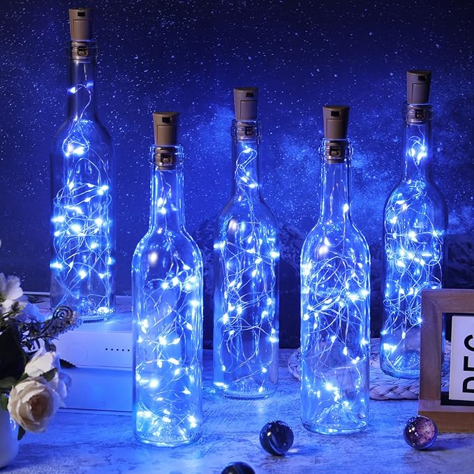 Rtteri 12 Sets Small Empty Wine Bottles with Cork Lights Centerpiece and 30 LED Battery Operated Cork Lights for Birthday Wedding Party Decoration(375 ml,Blue)