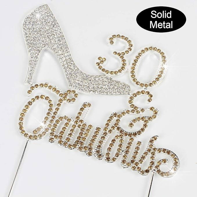 LINGTEER 30 Fabulous High Heel Silver Rhinestone Crystal Cake Topper Perfect for 30th Birthday Anniversary Party Keepsake Sparkle Decoration