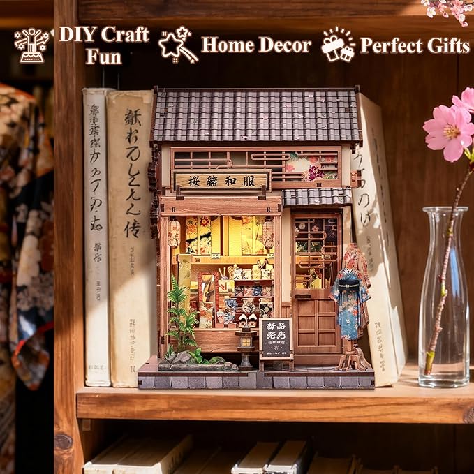 CUTEBEE Book Nook Kit - Japanese Sakura Kimono Shop DIY Dollhouse 3D Wooden Puzzle Booknook for Adults and Teens, Miniature House Bookshelf Decor, Ideal Gift for Family and Friends