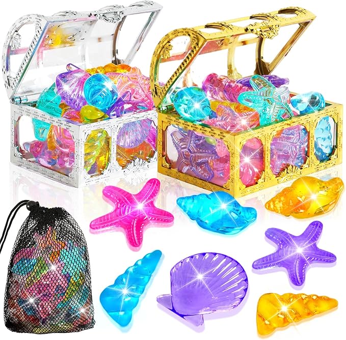 MARFOREVER 38 Pcs Pool Toys, 36 Diving Gems for Kids Colorful Sinking Diving Gems Assorted Crystals Gems with 2 Pirate Treasure Chest Boxes Mesh Bag for Boys Girls Swimming Beach Bathroom Water Toys