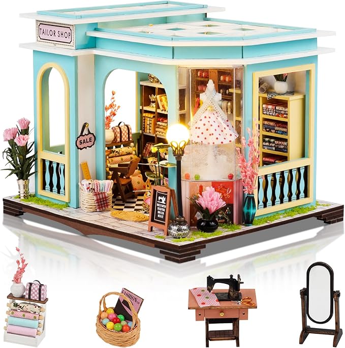 DIY Miniature House Kit, Dollhouse Kit with LED Light, Mini House Building Kits for for Adult to Building, Christmas Home Decorations Gifts for Family and Friends, Tailor's Store