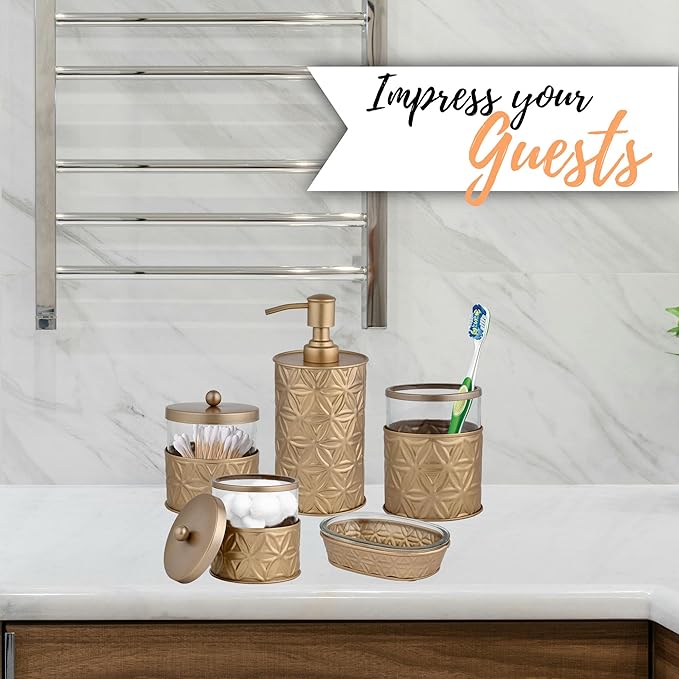 Autumn Alley Brushed Gold Bathroom Accessories Set, 5 Piece Champagne Gold Modern Bathroom Decor - Soap Dispenser, Toothbrush Holder, 2 Apothecary Jars, Soap Holder, Farmhouse Bathroom Décor
