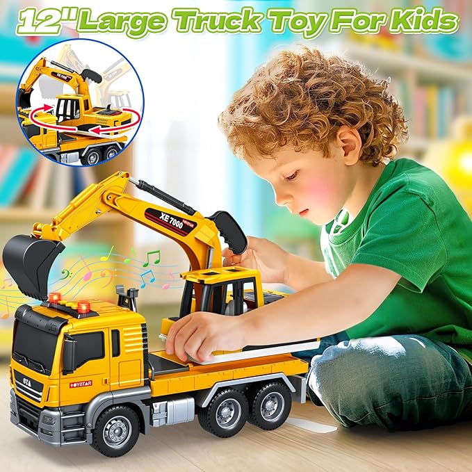Kids Toys for 3 4 5 6 7 8 Years Old Boys, Large Excavator Truck Toy with Lights, Sounds, Toddler Friction Powered Truck Vehicle Toy for Boys Girls Christmas Birthday Gifts