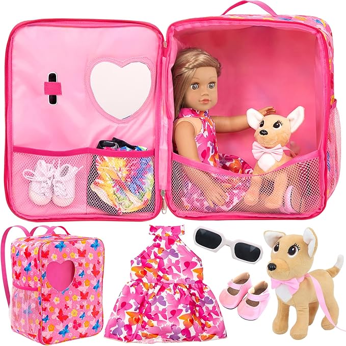 ZITA ELEMENT 18 Inch Girl Doll Backpack Butterfly Design Carrier Bag with Clothes and Accessories Including 18 Inch Dolls Clothes, Shoes, Sunglasses and Toy Dog
