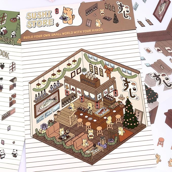 DIY 3D House Stickers, 4 Set Fun DIY Stickers Scene Make Your Own Warm Home, Supermarket, Coffee Shop, Music Bar, Cute 3D Cartoon Scene Sticker for Adult Kids Relief Stress Pass The Time (SY1.0)