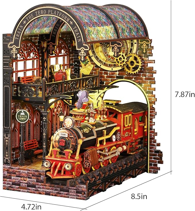 Book Nook Kit - DIY Miniature Dollhouse Booknook Kit with Steam Train, 3D Wooden Puzzle Bookend Bookshelf Insert Decor with LED, DIY Adults Crafts Kit Gifts for Family Friends