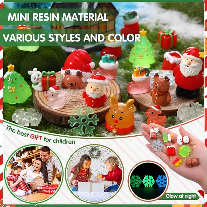 47PCS Mini Christmas Luminous Figurines Christmas Resin Miniatures Glow in The Dark Tiny Figures to Hide Small Snowman Figures for Xmas Goodie Bag Mini Presents for Crafts