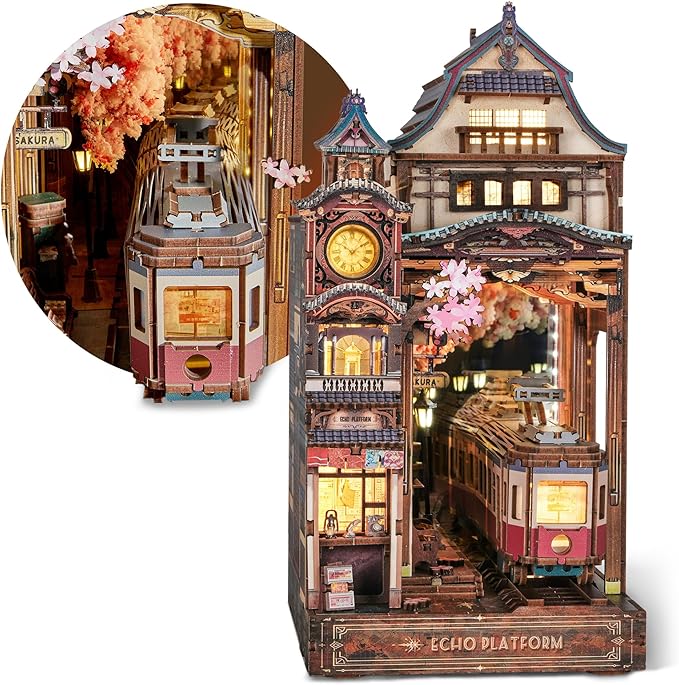 Sakura Train Book Nook Kit – LED 3D Wood Puzzle with Infinity Mirror – DIY Bookshelf Decor, Miniature Craft Gift for Kids and Adults
