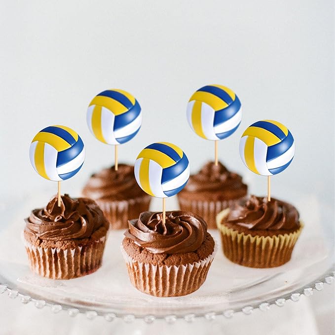 Ercadio 24 Pack Double Sided Volleyball Cupcake Toppers Sport Balls Cupcake Picks Volleyball Birthday Cake Decorations for Volleyball Theme Party Baby Shower Sport Game Party Decorations