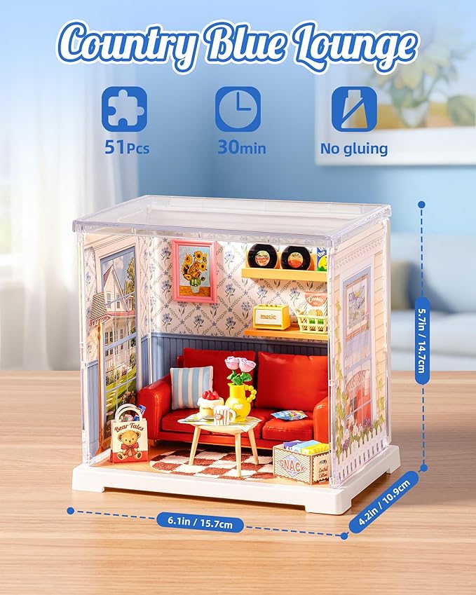 ROBOTIME Super Creator Kits, Plastic Mini House, Expandable Plastic Craft, DIY Miniature House Kit, Tiny Living Room Making Kit Model Craft Hobby Unique Gift (Country Blue Lounge)