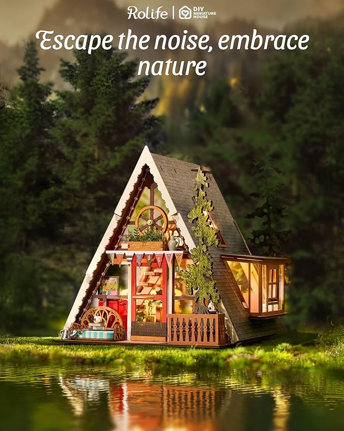 Rolife DIY Miniature House Kit A-Frame Cabin, 3D Wooden Puzzle Tiny House with Openable Skylight for Teens & Adults, Cozy Forest Cabin Décor, Creative Gift for Birthday & Holidays