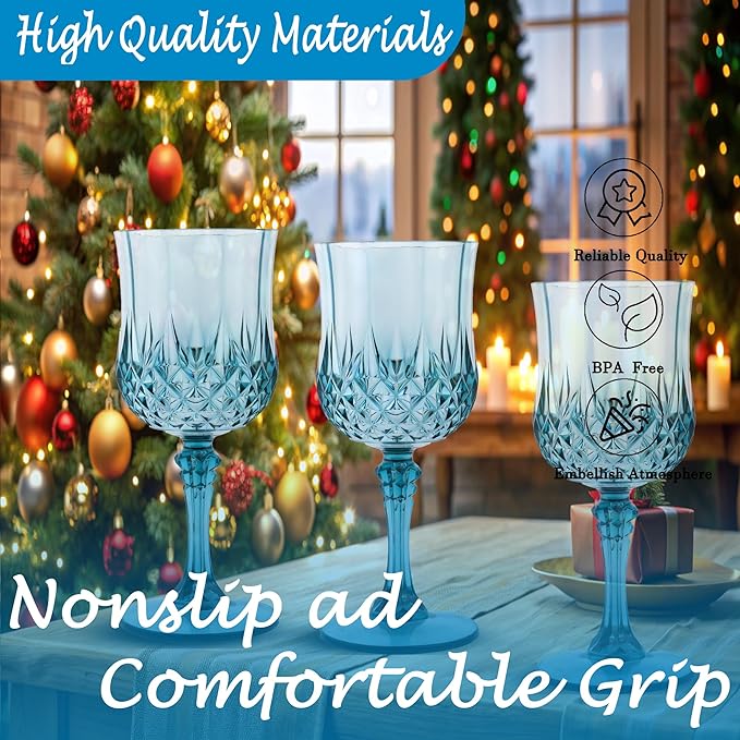 LEYIQU Plastic Wine Glasses, Plastic Goblets Vintage Style Cordial Drinking Glasses for Valentine’s Day, Wedding Reception, Grand Event Party Supplies (24, Dusty Blue)