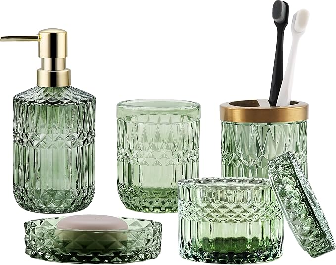 LaMarriti Green Bathroom Accessories Set, 5Pcs Clear Glass Bathroom Set Accessories, Soap Dispenser, Soap Dish, Toothbrush Holder Set, Tumbler, Qtips Holder for Vintage Crystal Bath Decor