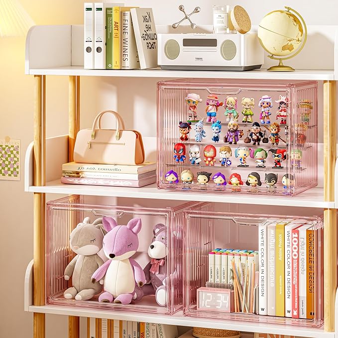 Clear Pink Acrylic Figure Display Case for Collectibles 4 Layer Hobby Figurine Display Shelf Cases Stackable Display Boxes with Shelves for Pop Mart, Action Figures, Model, 1 Pack