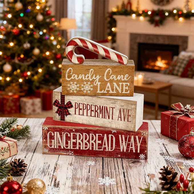 Moucuny 4 Pcs Christmas Table Decor Wooden Candy Cane Decoration Christmas Centerpiece Winter Tiered Tray Decor Red and White Stripes Candy Cane Block Signs Gift Farmhouse Xmas Decoration for Kitchen