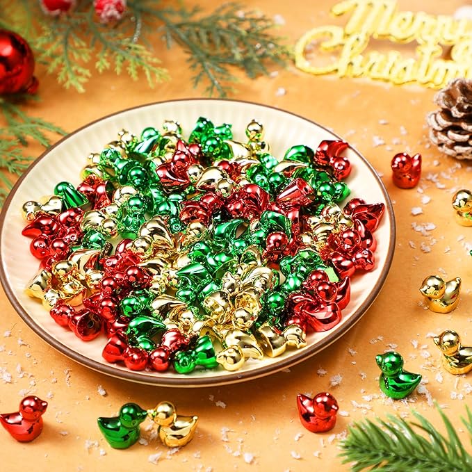 100 Pcs Shiny Christmas Mini Duck Figures Colorful Christmas Duck Decor Micro Landscape Aquarium Garden Hide and Seek Decoration Charm for Party Gift(Gold, Red and Green)
